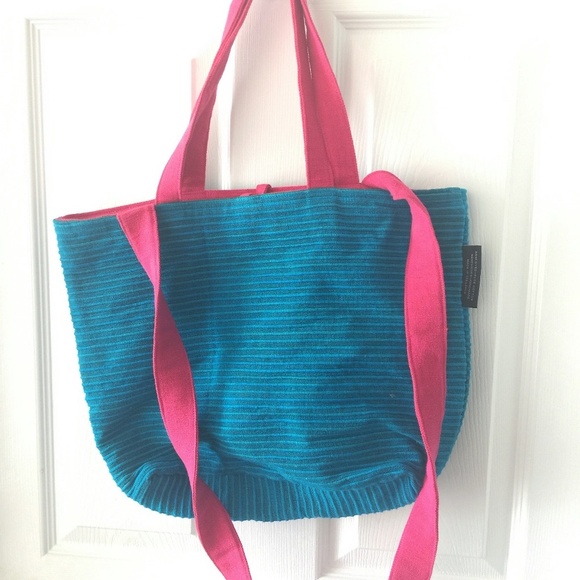 Barbara Samsoni Pink Teal Blue Handwoven Handmade Cotton Summer Beach Tote Bag - Picture 5 of 7
